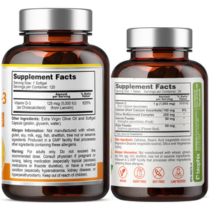 Vitamin D-3 5000 IU High-Potency 120 Softgels with Free Vitamin C-1000 30 Tablets