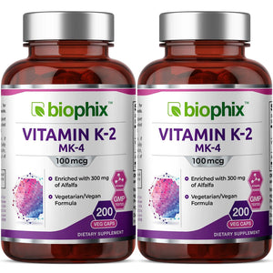 Vitamin K2 MK-4 High-Potency 100 mcg 200 Vegetarian Capsules with Alfalfa 2 Pack