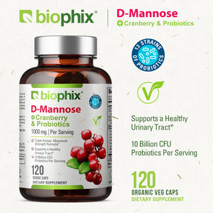 D-Mannose Plus Cranberry and Probiotics 1000 mg 120 Vegetarian Capsules - 2 Pack