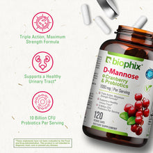 Load image into Gallery viewer, D-Mannose Plus Cranberry and Probiotics 1000 mg 120 Vegetarian Capsules - 2 Pack