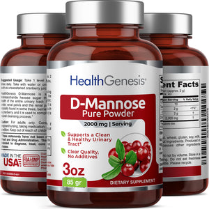 Health Genesis D-Mannose Pure Powder 2000 mg 3 oz 85 g