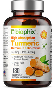Organic Turmeric Curcumin 1310 mg 180 Vegetarian Capsules with BioPerine