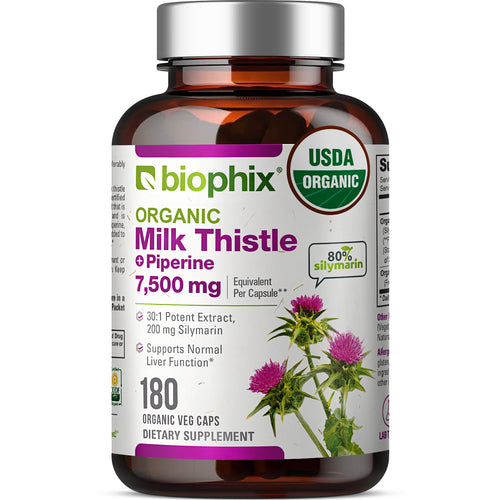 biophix Milk Thistle USDA Organic 30:1 Extract 7500 mg with Piperine 180 Veggie Capsules