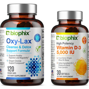 Oxy-Lax 750 mg 120 Vegetarian Capsules with Free Vitamin D-3 5000 IU 30 Softgels
