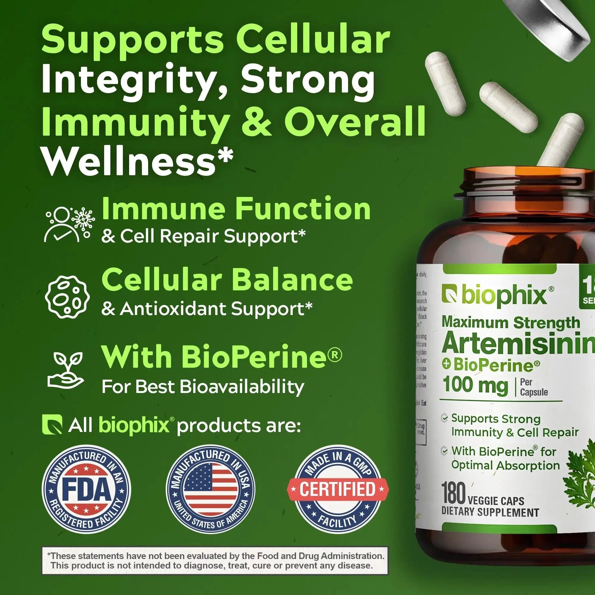 Biophix Artemisinin 100 mg with Bioperine 5 mg 180 Veggie Caps