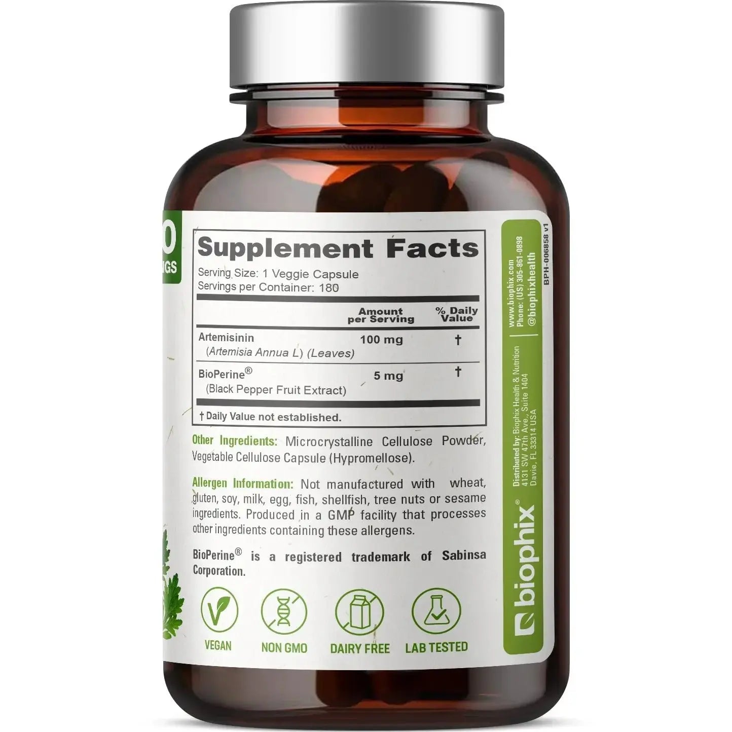 Biophix Artemisinin 100 mg with Bioperine 5 mg 180 Veggie Caps