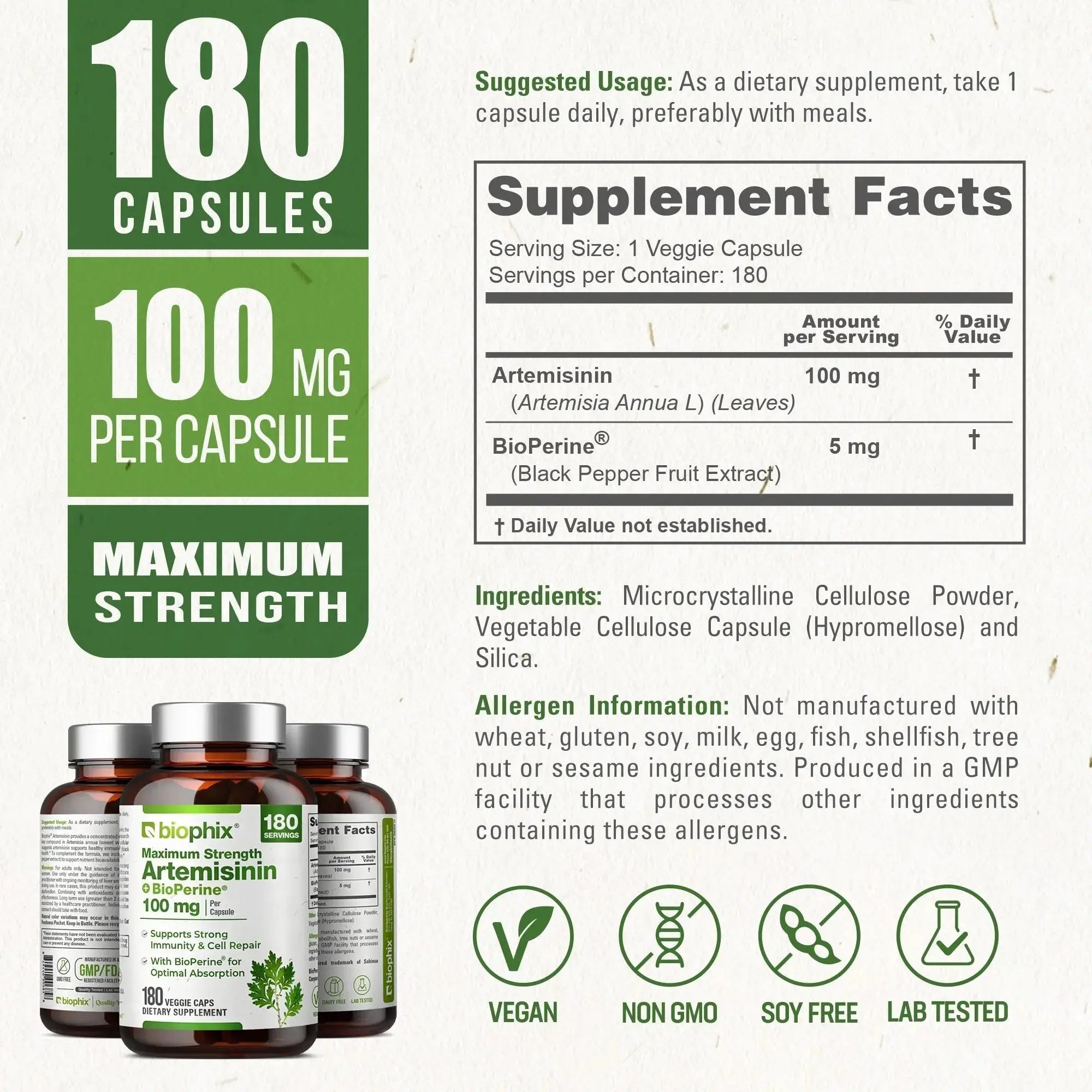 Biophix Artemisinin 100 mg with Bioperine 5 mg 180 Veggie Caps