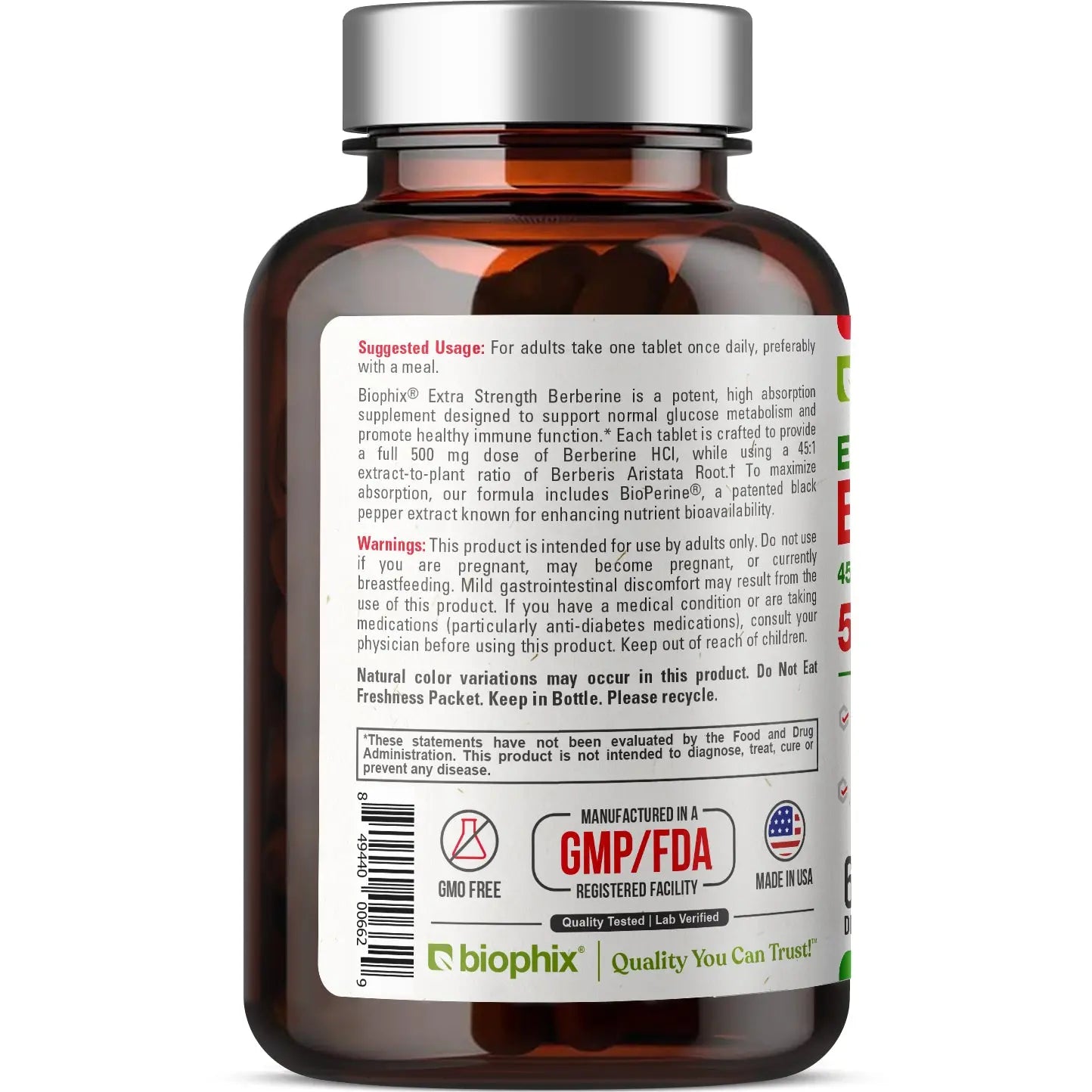 Biophix Berberine 22500 mg Supplement Facts Label BioPerine Enhanced Absorption
