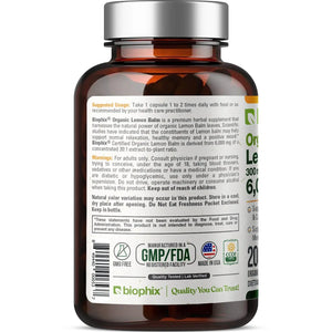 Biophix Lemon Balm USDA Organic 20:1 Extract 300 mg 200 Veggie Caps - Soothing Relaxation Positive Mood Support