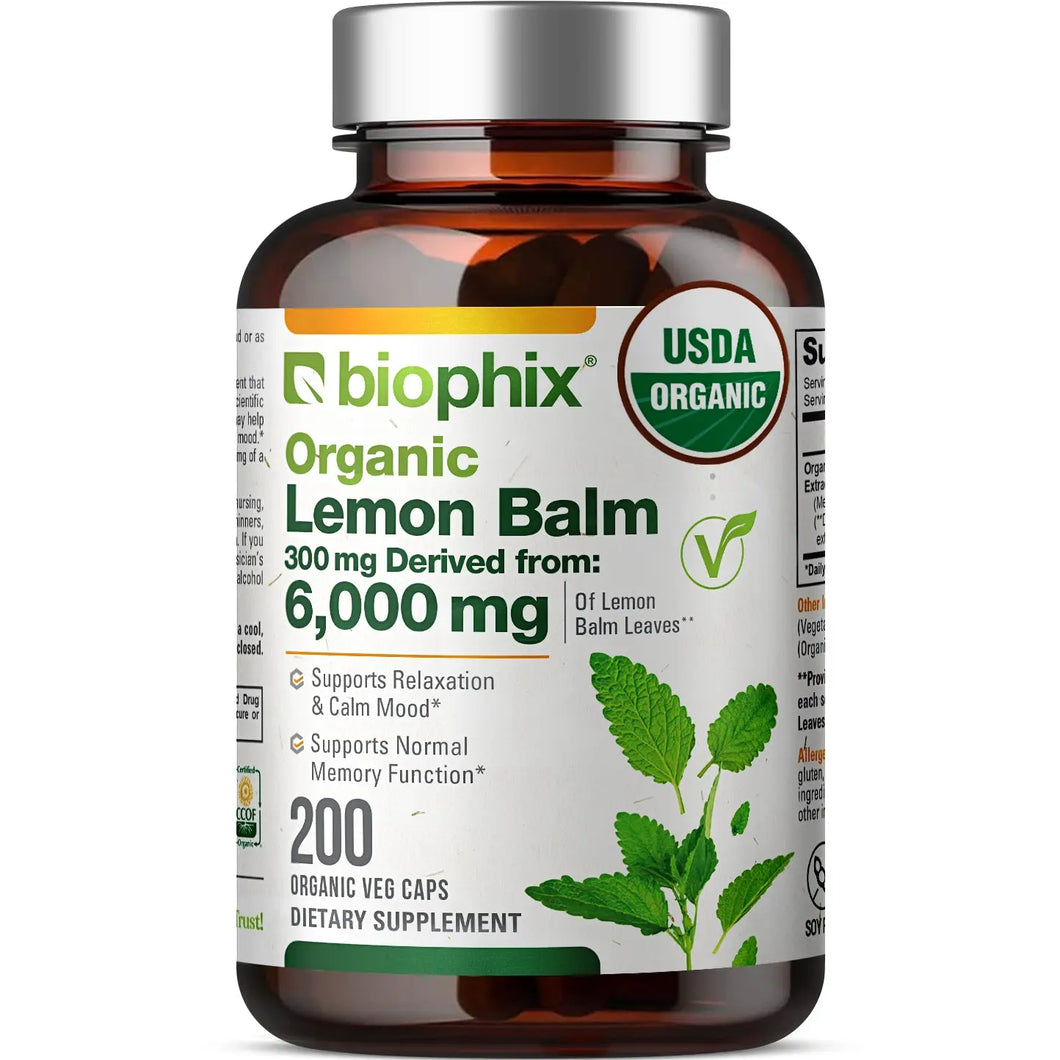 Biophix Lemon Balm USDA Organic 20:1 Extract 300 mg 200 Veggie Caps - Soothing Relaxation Positive Mood Support