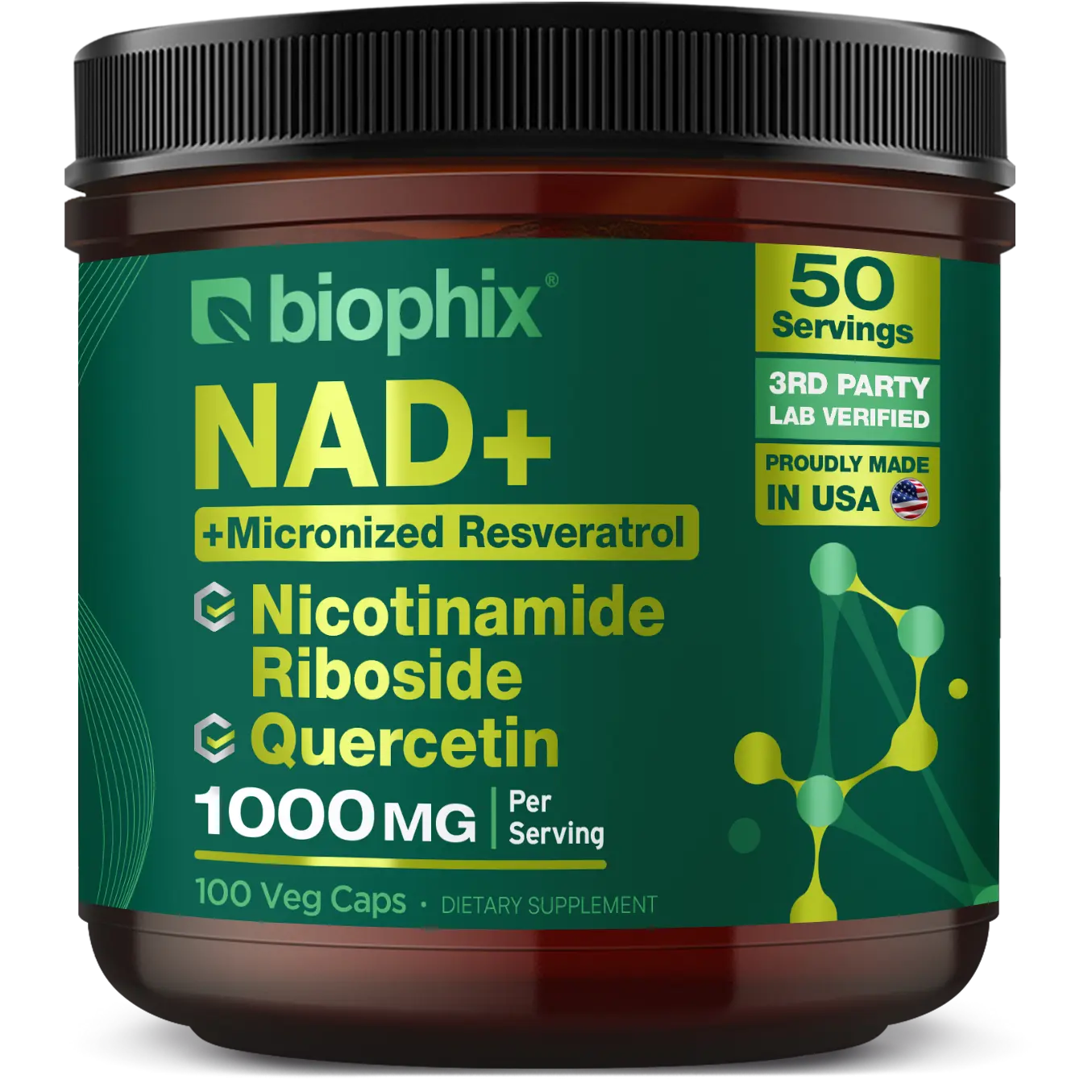 Biophix NAD+ Micronized Resveratrol – Nicotinamide Riboside with Quercetin 1000mg per Serving 100 Veg Capsules