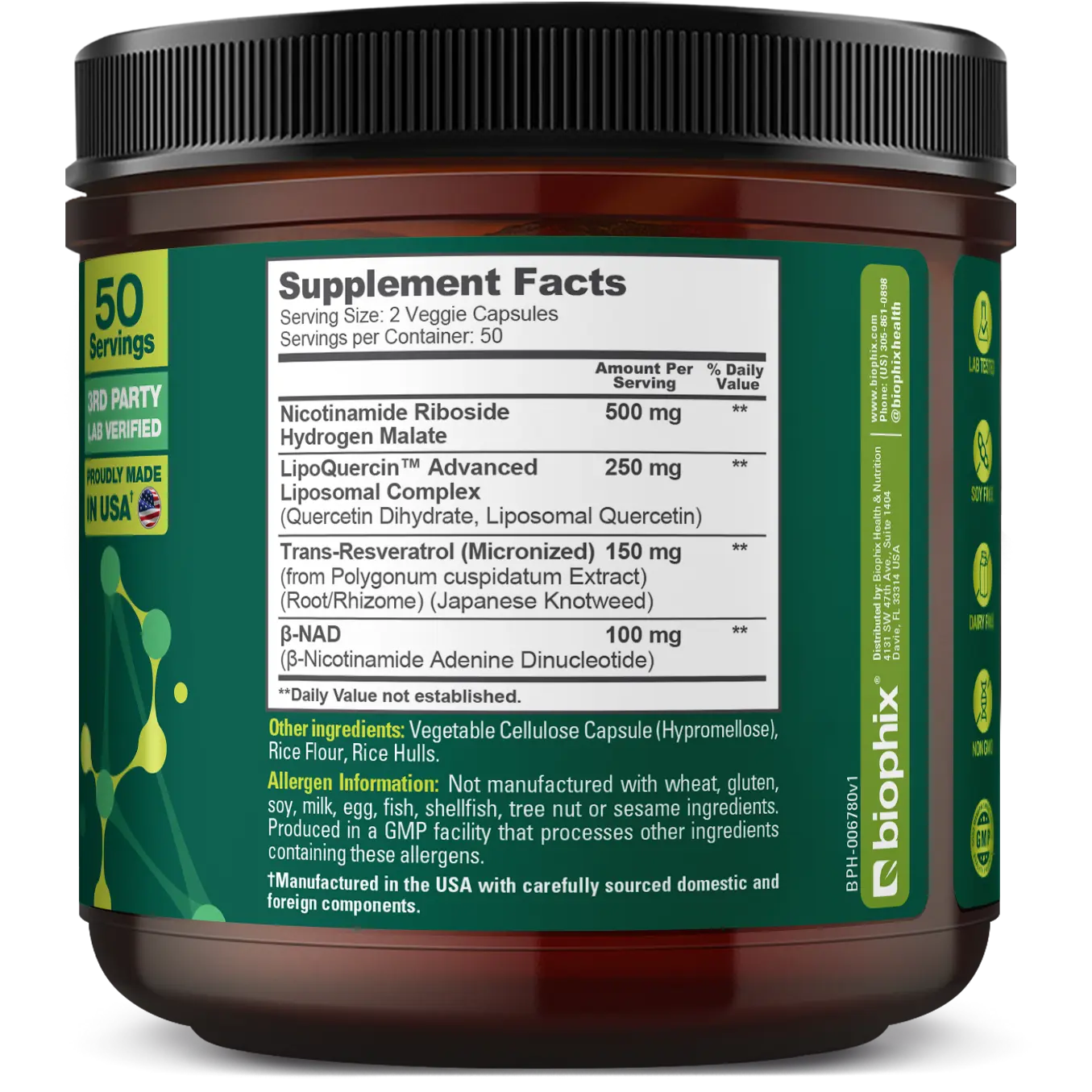 Biophix NAD+ Micronized Resveratrol – Nicotinamide Riboside with Quercetin 1000mg per Serving 100 Veg Capsules