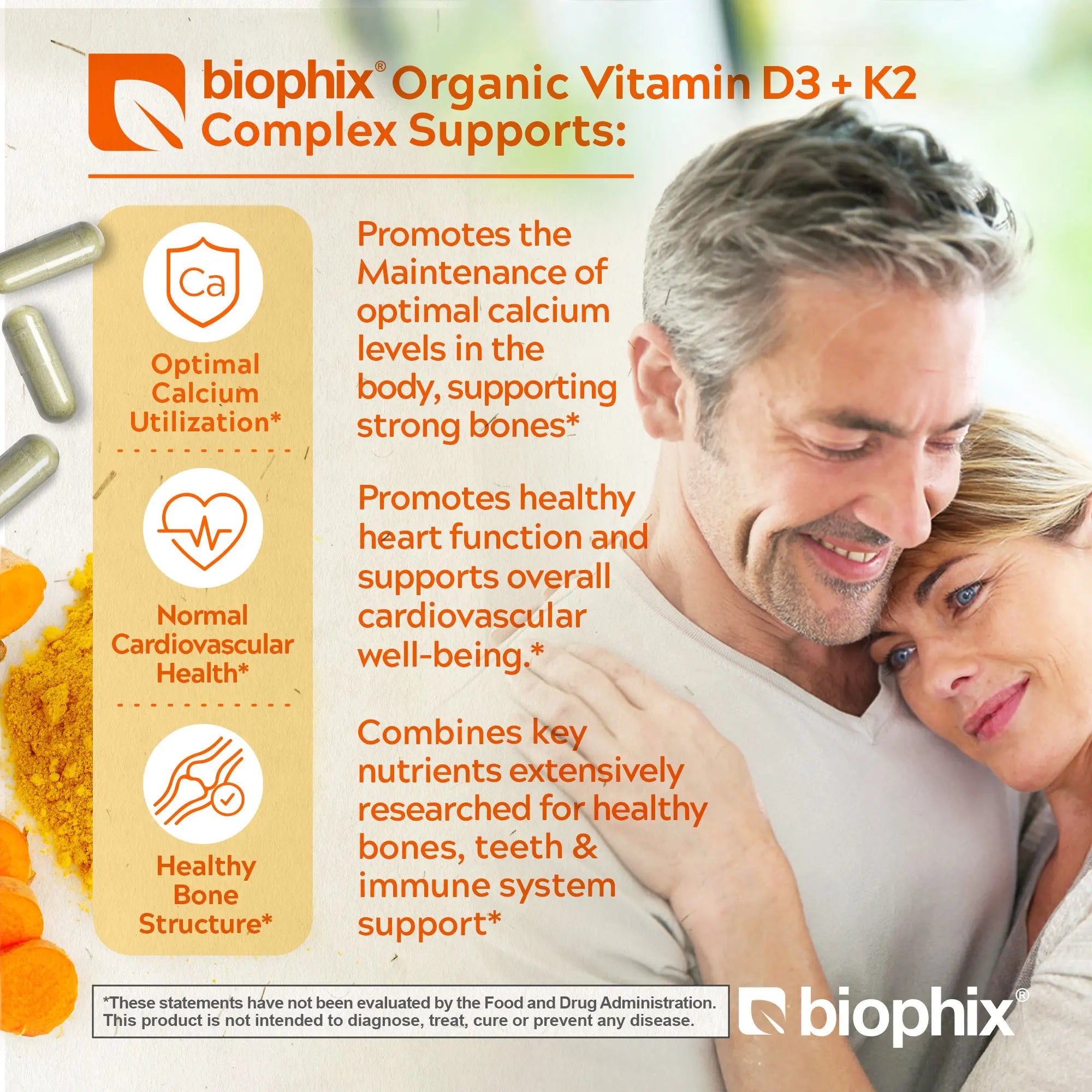 Biophix Organic Vitamin D-3 K2 Turmeric 180 Vegetarian Capsules | Bone Cardiovascular Immune Wellness