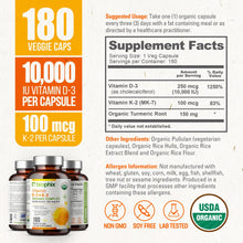Load image into Gallery viewer, Biophix Organic Vitamin D-3 K2 Turmeric 180 Vegetarian Capsules | Bone Cardiovascular Immune Wellness