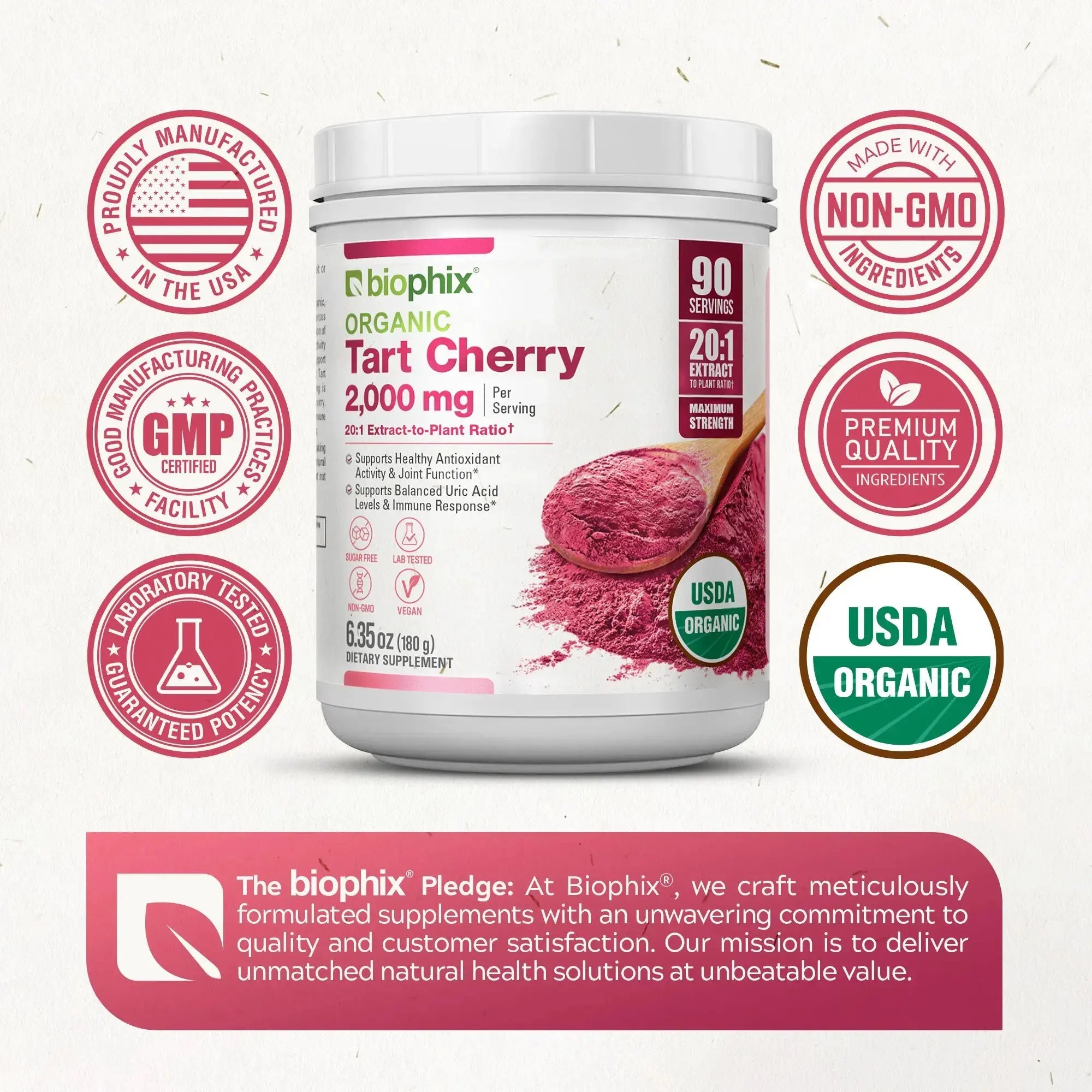 Biophix Tart Cherry Powder USDA Organic 20:1 Extract 6.35 oz 180g - Joint Health Sleep Support Antioxidant Superfood
