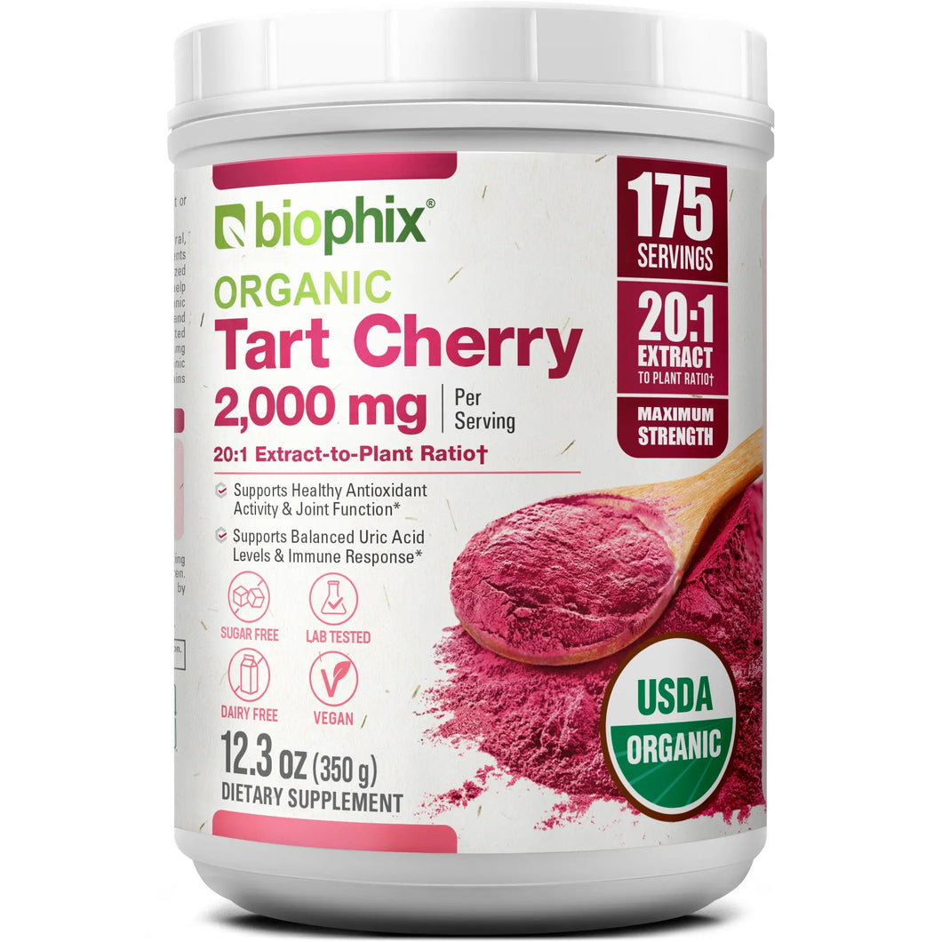 Biophix Tart Cherry Powder USDA Organic 20:1 Extract 12.3 oz 350g - Joint Health Sleep Support Antioxidant Superfood