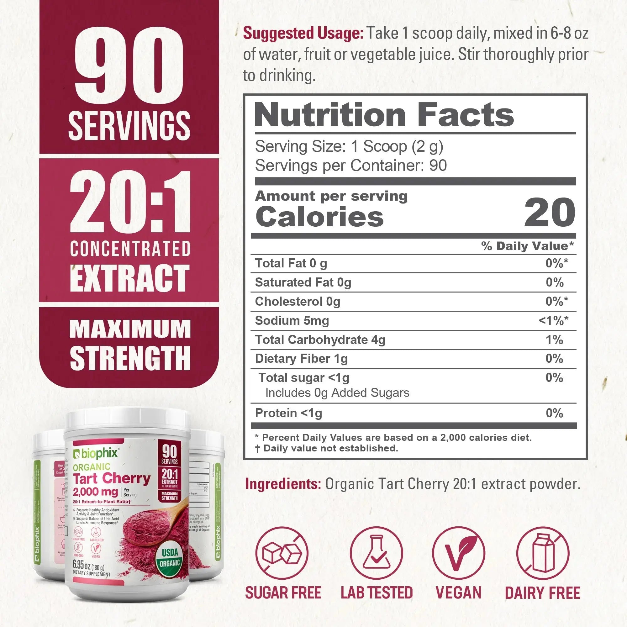 Biophix Tart Cherry Powder USDA Organic 20:1 Extract 6.35 oz 180g - Joint Health Sleep Support Antioxidant Superfood