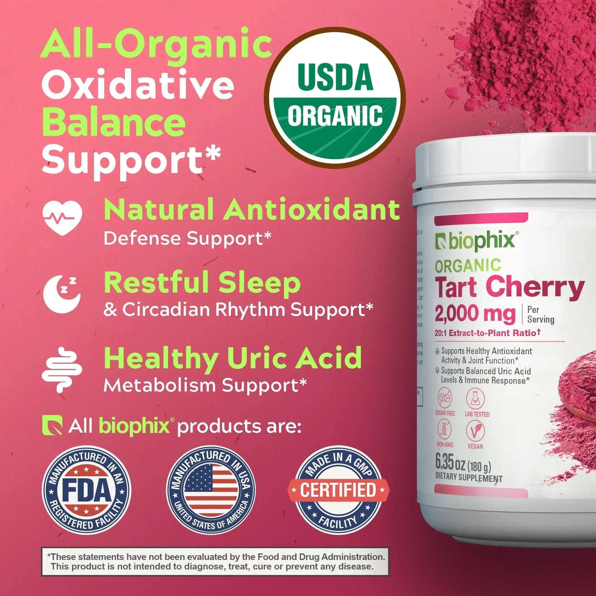 Biophix Tart Cherry Powder USDA Organic 20:1 Extract 6.35 oz 180g - Joint Health Sleep Support Antioxidant Superfood