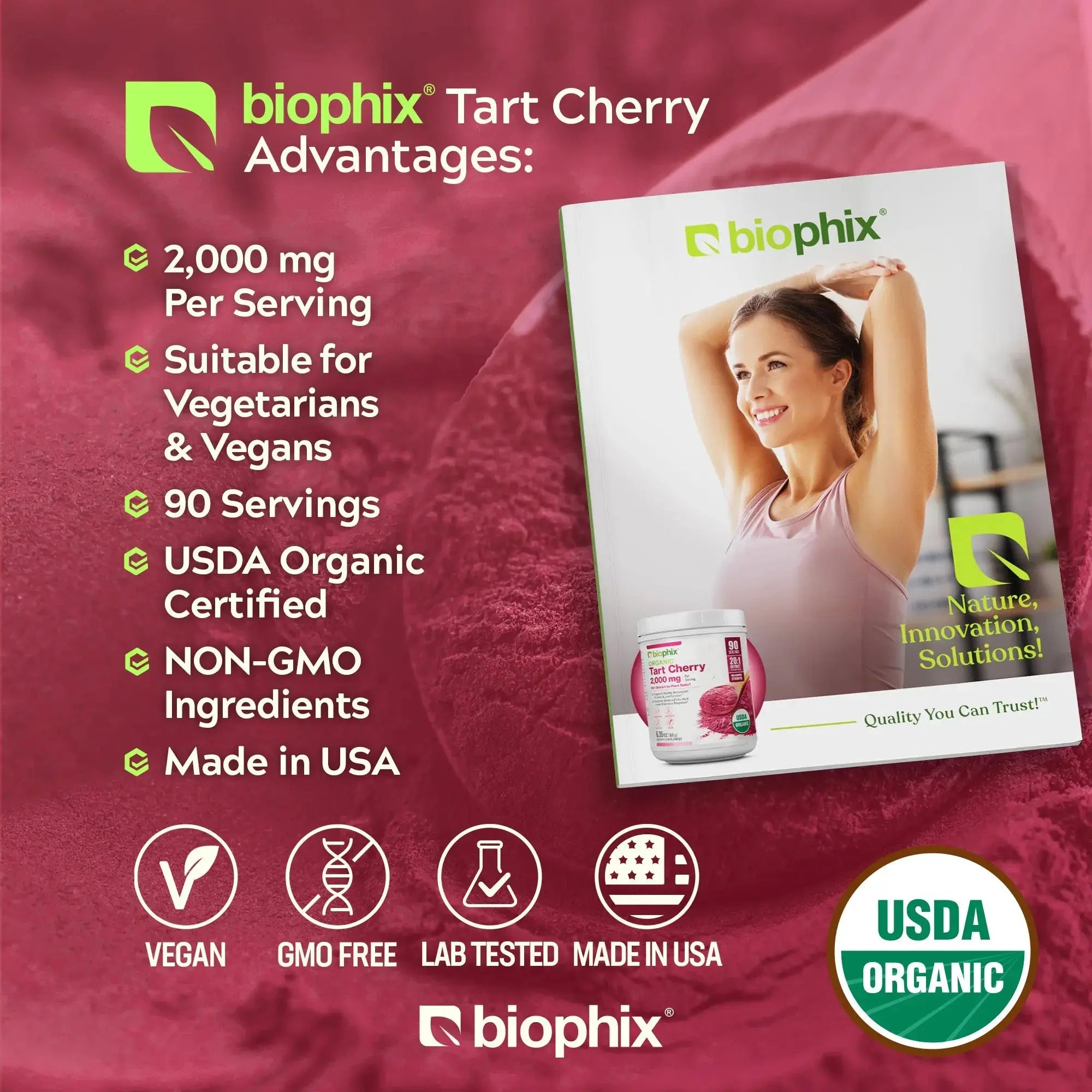 Biophix Tart Cherry Powder USDA Organic 20:1 Extract 6.35 oz 180g - Joint Health Sleep Support Antioxidant Superfood