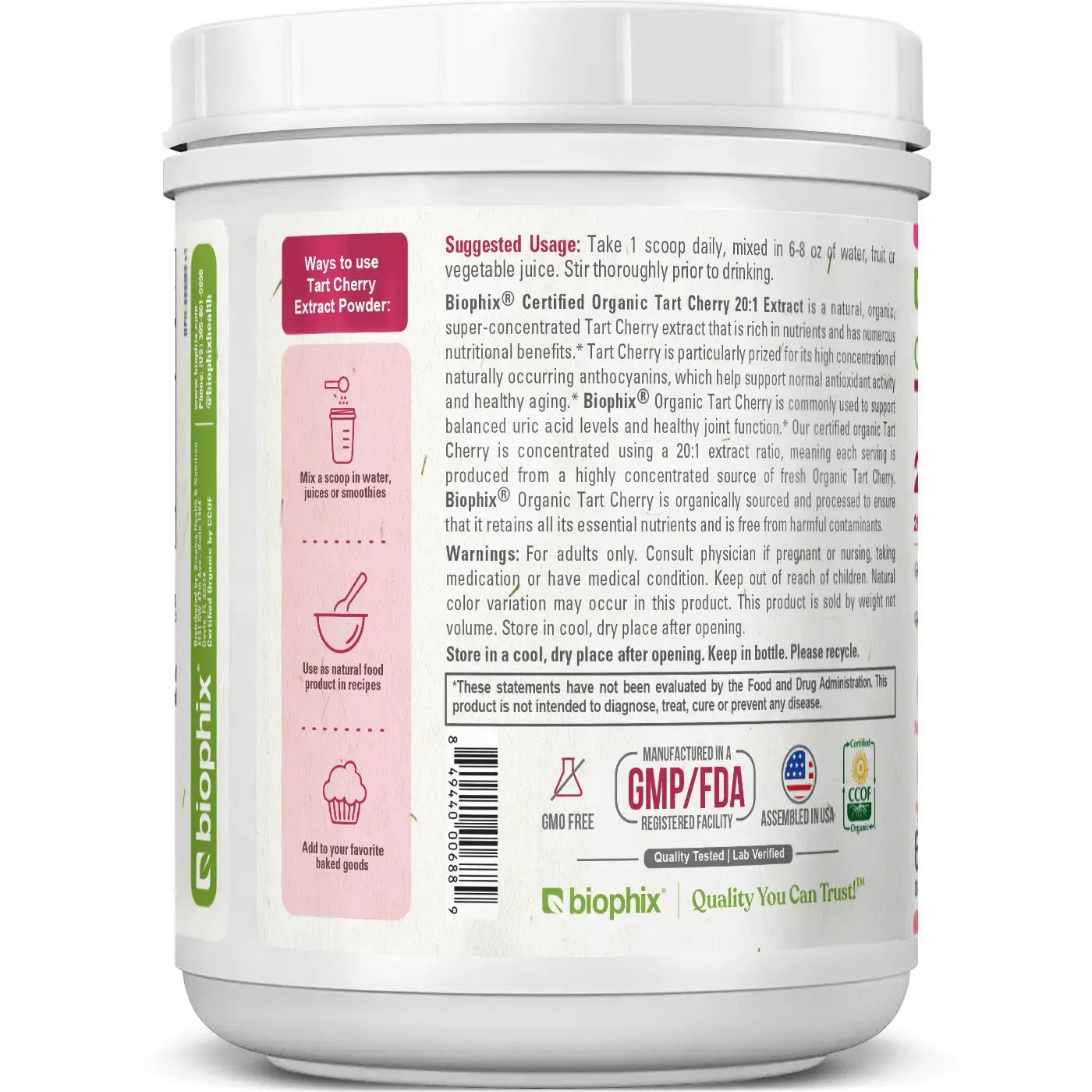 Biophix Tart Cherry Powder USDA Organic 20:1 Extract 6.35 oz 180g - Joint Health Sleep Support Antioxidant Superfood