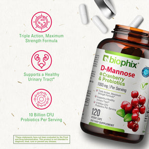 D-Mannose Plus Cranberry and Probiotics 1000 mg 120 Vegetarian Capsules with Free Vitamin C-1000 30 Tablets