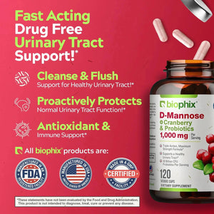 D-Mannose Plus Cranberry and Probiotics 1000 mg 120 Vegetarian Capsules - 2 Pack