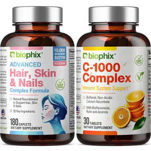 Biophix Advanced Hair, Skin and Nails Complex Formula 180 Caplets with Free Vitamin C-1000 30 Tablets