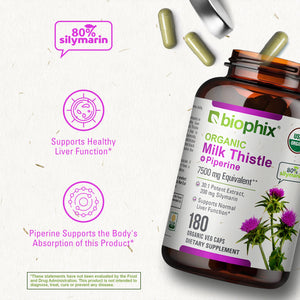 biophix Milk Thistle USDA Organic 30:1 Extract 7500 mg with Piperine 180 Veggie Capsules