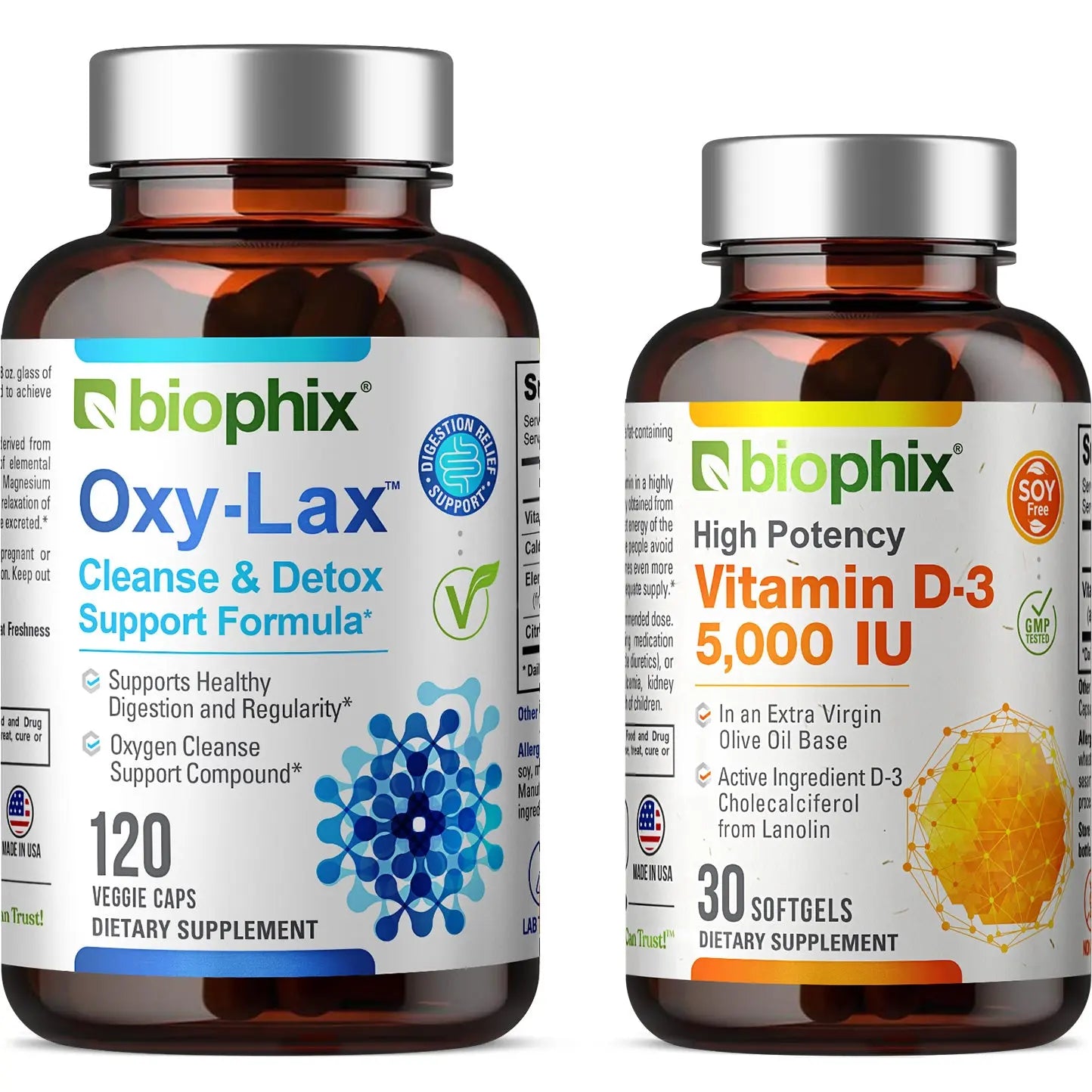 Biophix Oxy-Lax 750 mg 120 Veggie Caps with Free Vitamin D3 5000 IU Front View