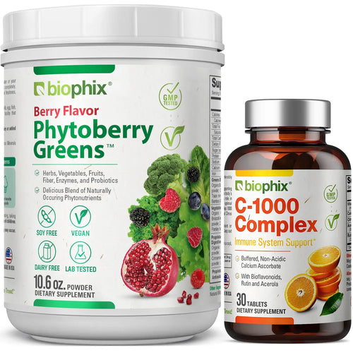 Phytoberry Greens Superfood Powder Berry Flavor 10 oz with Free Vitamin C-1000 30 Tablets