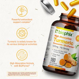 biophix Organic Turmeric Curcumin 1310 mg 180 Vegetarian Capsules with BioPerine