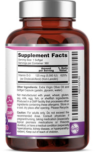 Vitamin D-3 5000 IU High-Potency 360 Softgels