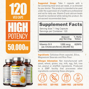 Vitamin D-3 50000 IU High-Potency 120 Vegetarian Capsules