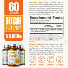 Load image into Gallery viewer, Vitamin D-3 50000 IU High-Potency 60 Vegetarian Capsules