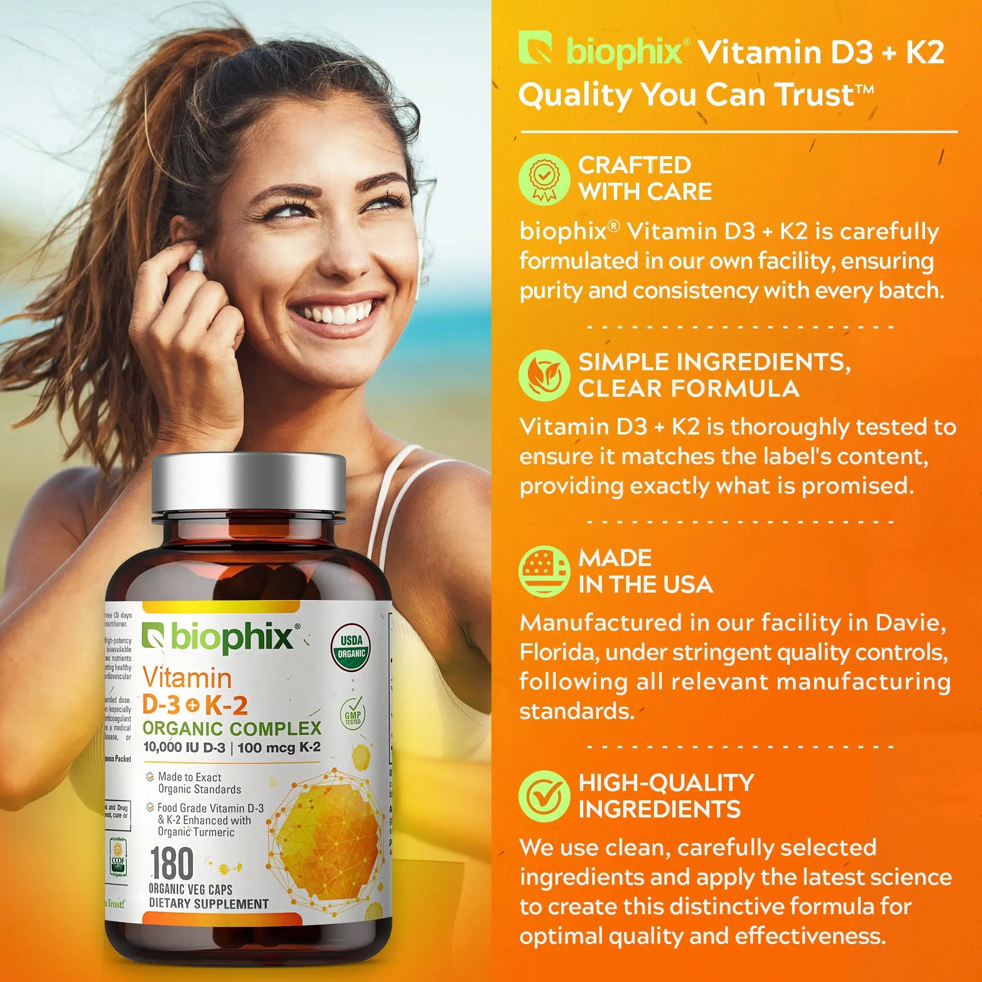 Biophix Organic Vitamin D-3 K2 Turmeric 180 Vegetarian Capsules | Bone Cardiovascular Immune Wellness