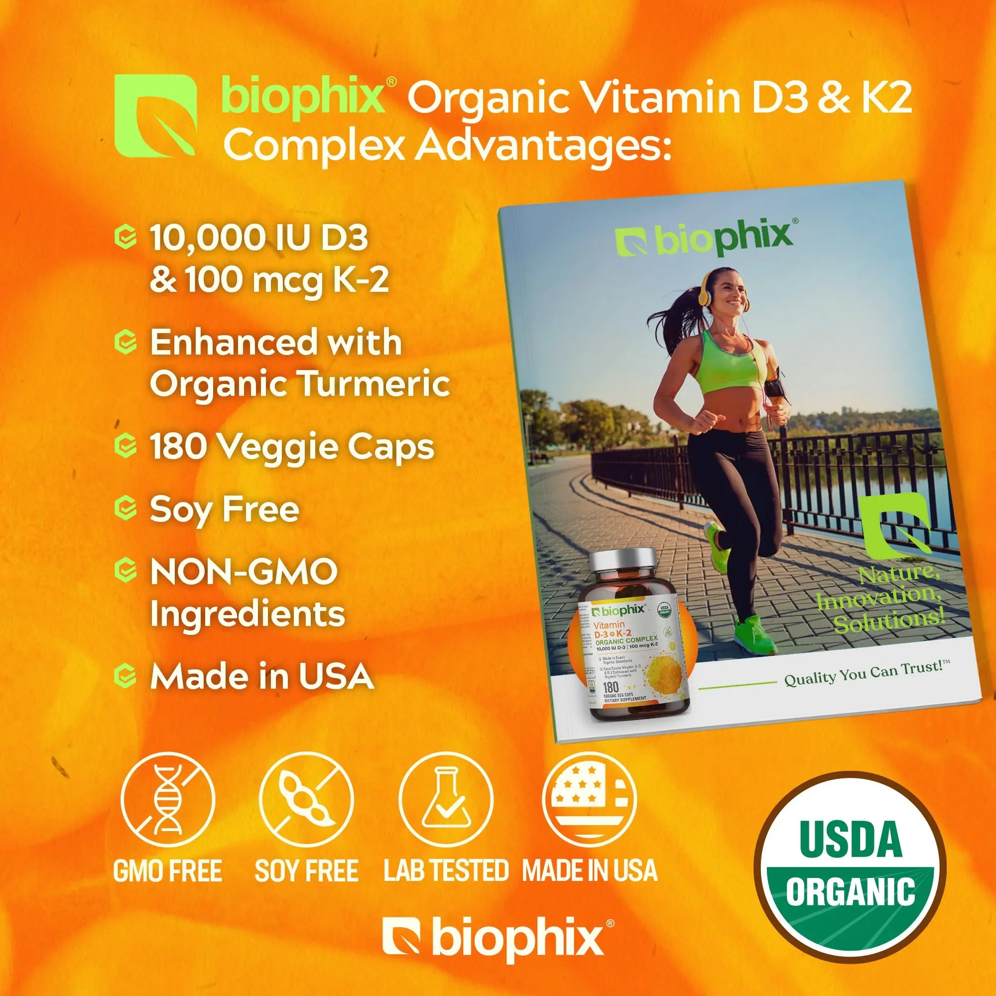 Biophix Organic Vitamin D-3 K2 Turmeric 180 Vegetarian Capsules | Bone Cardiovascular Immune Wellness