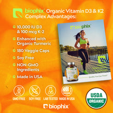 Load image into Gallery viewer, biophix Organic Vitamin D-3 K2 Turmeric 180 Vegetarian Capsules