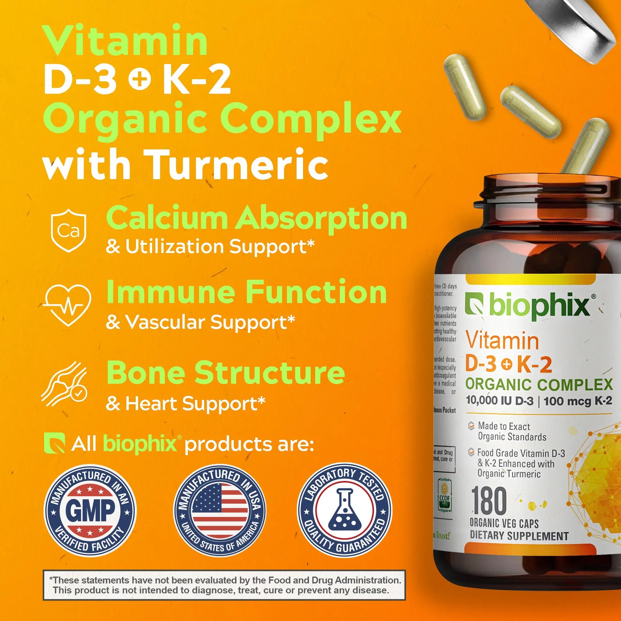 Biophix Organic Vitamin D-3 K2 Turmeric 180 Vegetarian Capsules | Bone Cardiovascular Immune Wellness