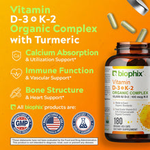 Load image into Gallery viewer, Biophix Organic Vitamin D-3 K2 Turmeric 180 Vegetarian Capsules | Bone Cardiovascular Immune Wellness