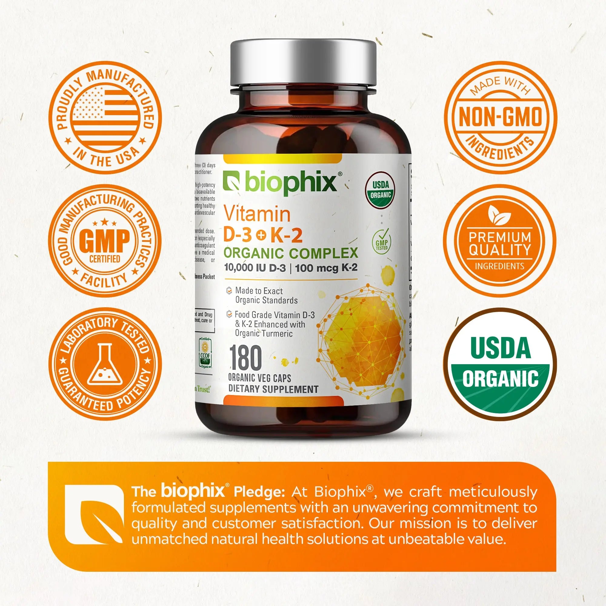 Biophix Organic Vitamin D-3 K2 Turmeric 180 Vegetarian Capsules | Bone Cardiovascular Immune Wellness