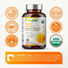 Load image into Gallery viewer, Biophix Organic Vitamin D-3 K2 Turmeric 180 Vegetarian Capsules | Bone Cardiovascular Immune Wellness