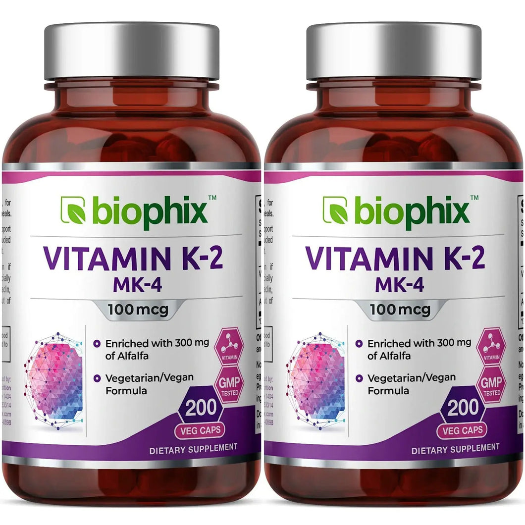 Vitamin K2 MK-4 High-Potency 100 mcg 200 Vegetarian Capsules with Alfalfa 2 Pack