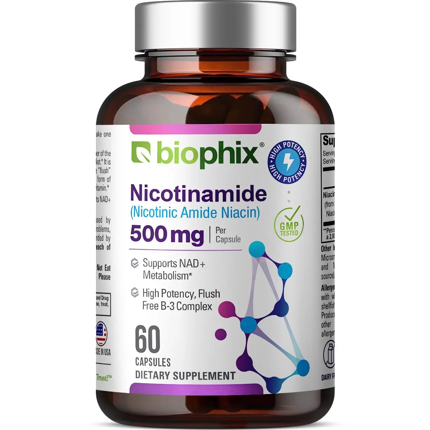 biophix B-3 Nicotinamide 500 mg 60 Caps - Nicotinic Amide Niacin Supports Skin Cell Health
