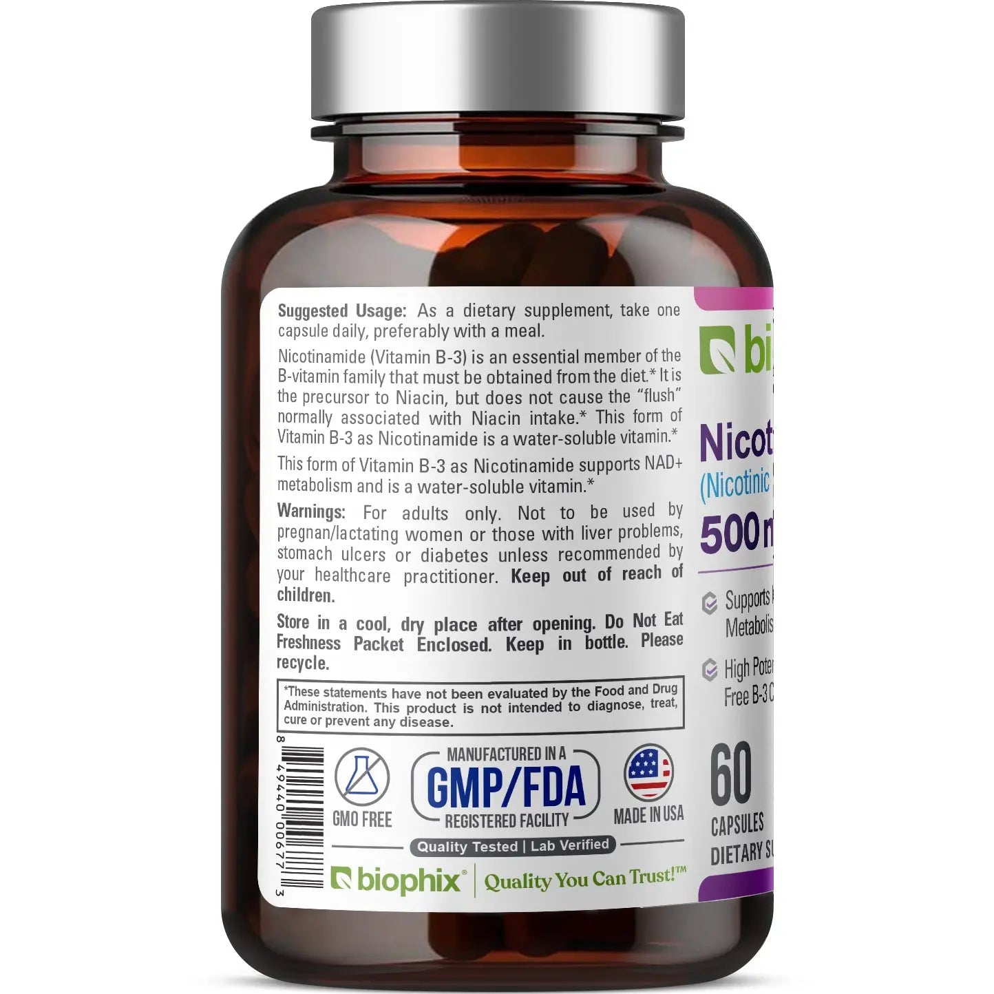 biophix B-3 Nicotinamide 500 mg 60 Caps - Nicotinic Amide Niacin Supports Skin Cell Health