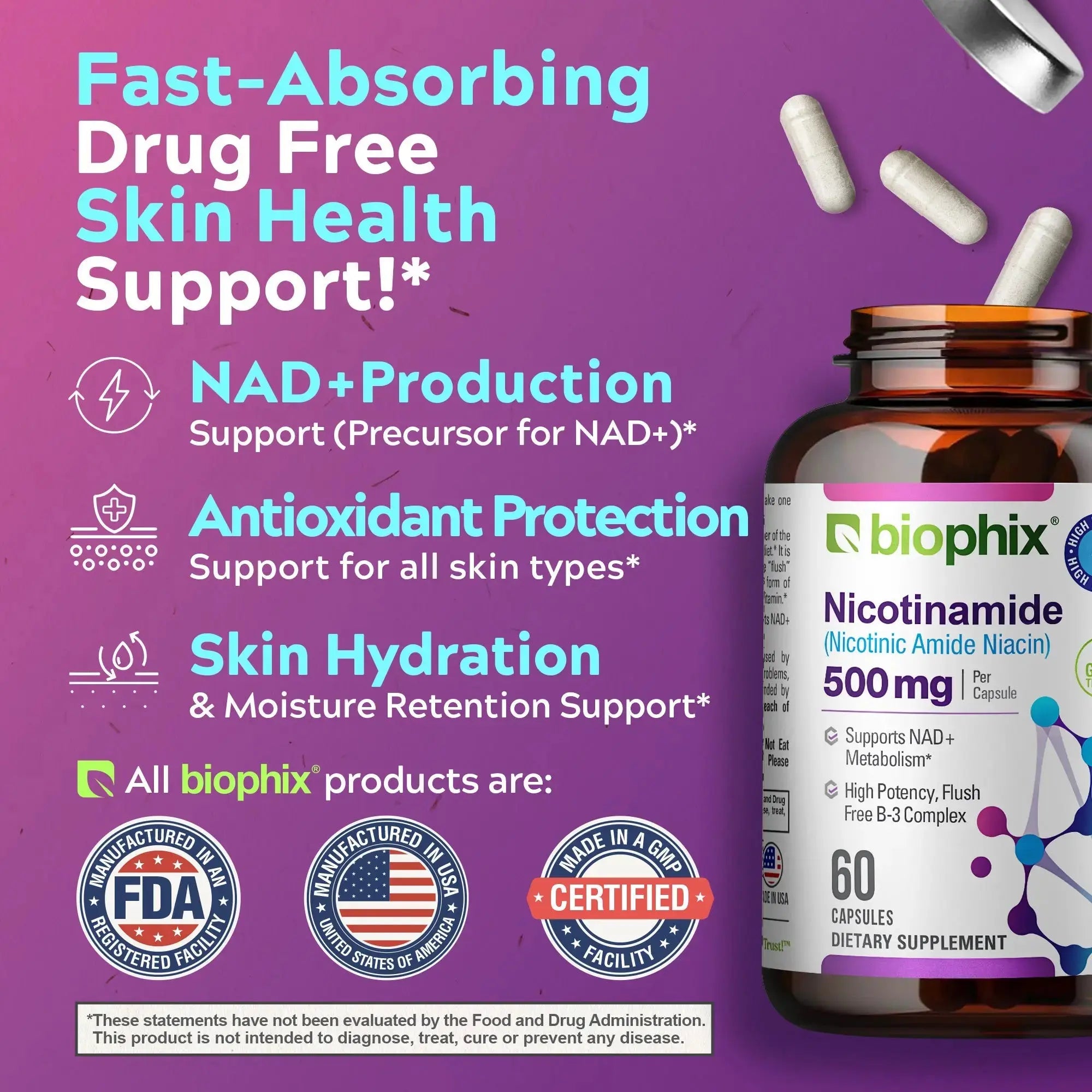 biophix B-3 Nicotinamide 500 mg 60 Caps - Nicotinic Amide Niacin Supports Skin Cell Health