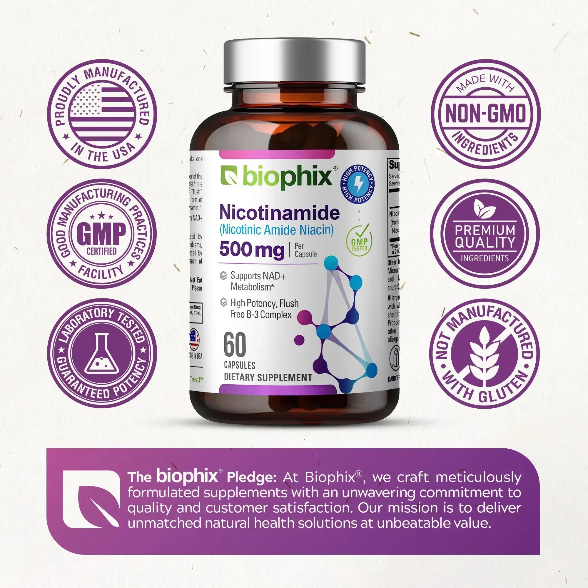 biophix B-3 Nicotinamide 500 mg 60 Caps - Nicotinic Amide Niacin Supports Skin Cell Health