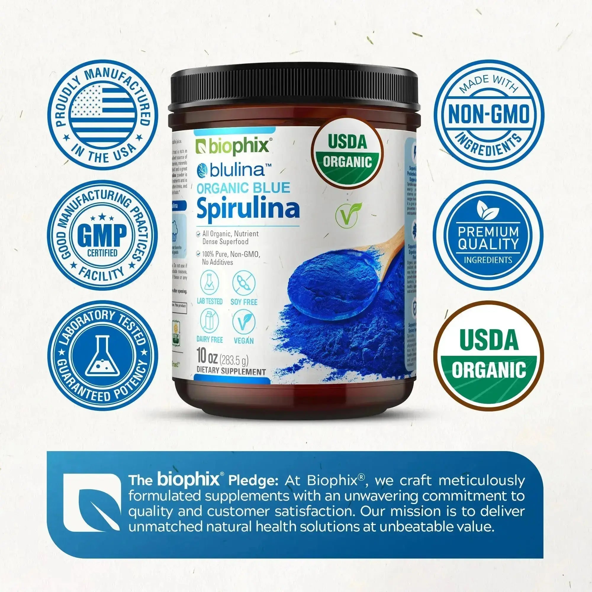 Biophix Blulina Organic Blue Spirulina Powder 10 oz 283.5 g - Detoxification Antioxidants Immune Support Superfood