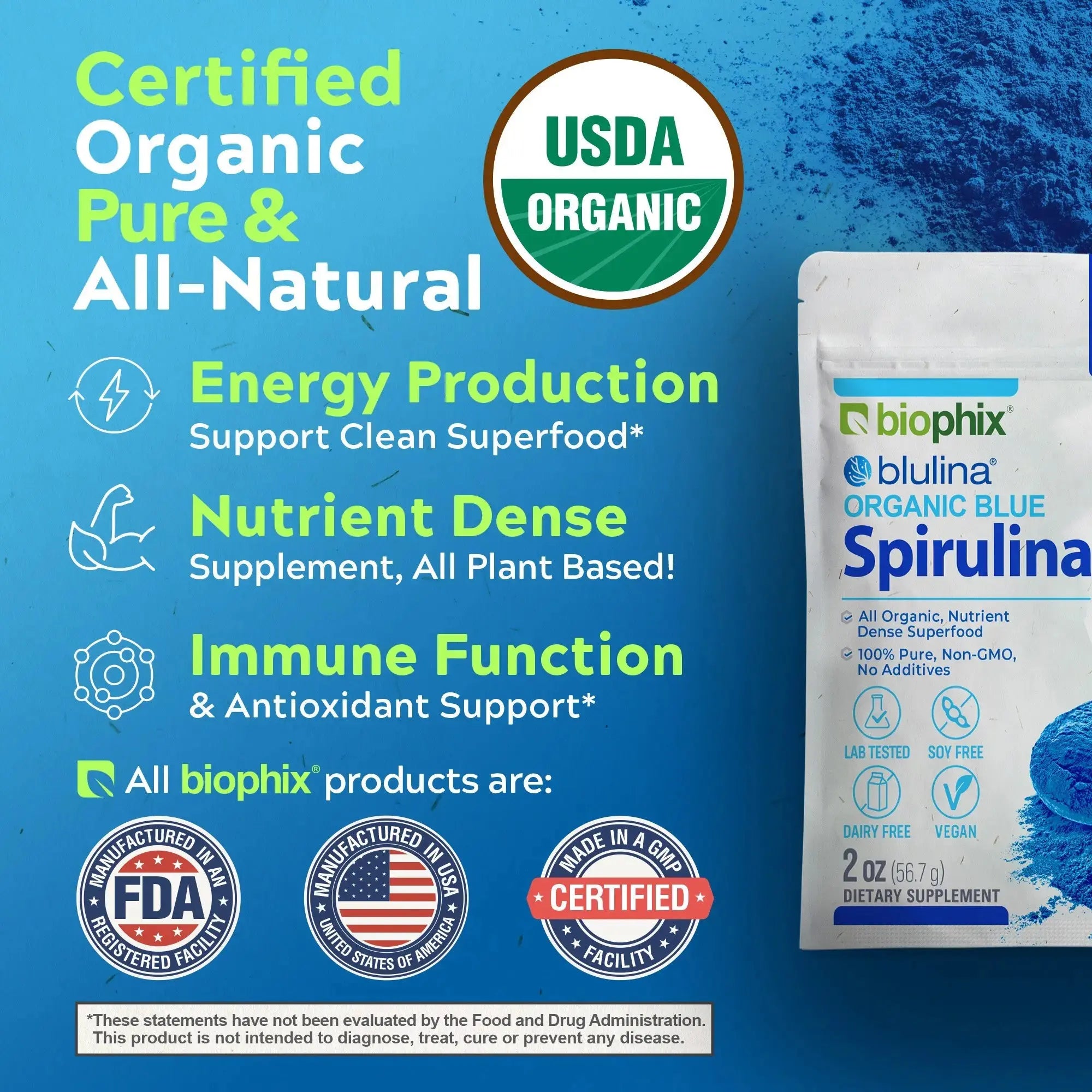 biophix Blulina Organic Blue Spirulina Powder 2 oz 7g - Detoxification Antioxidants Immune Support Superfood