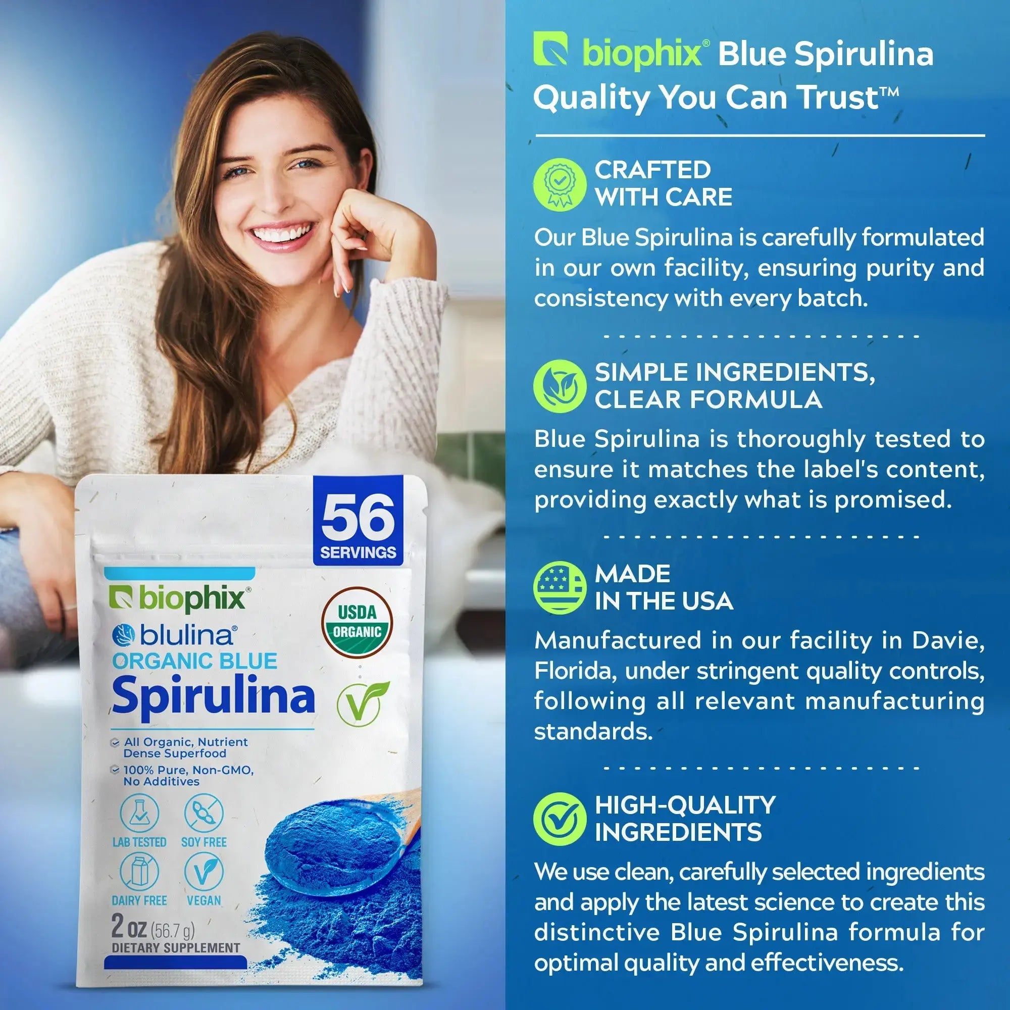 biophix Blulina Organic Blue Spirulina Powder 2 oz 7g - Detoxification Antioxidants Immune Support Superfood