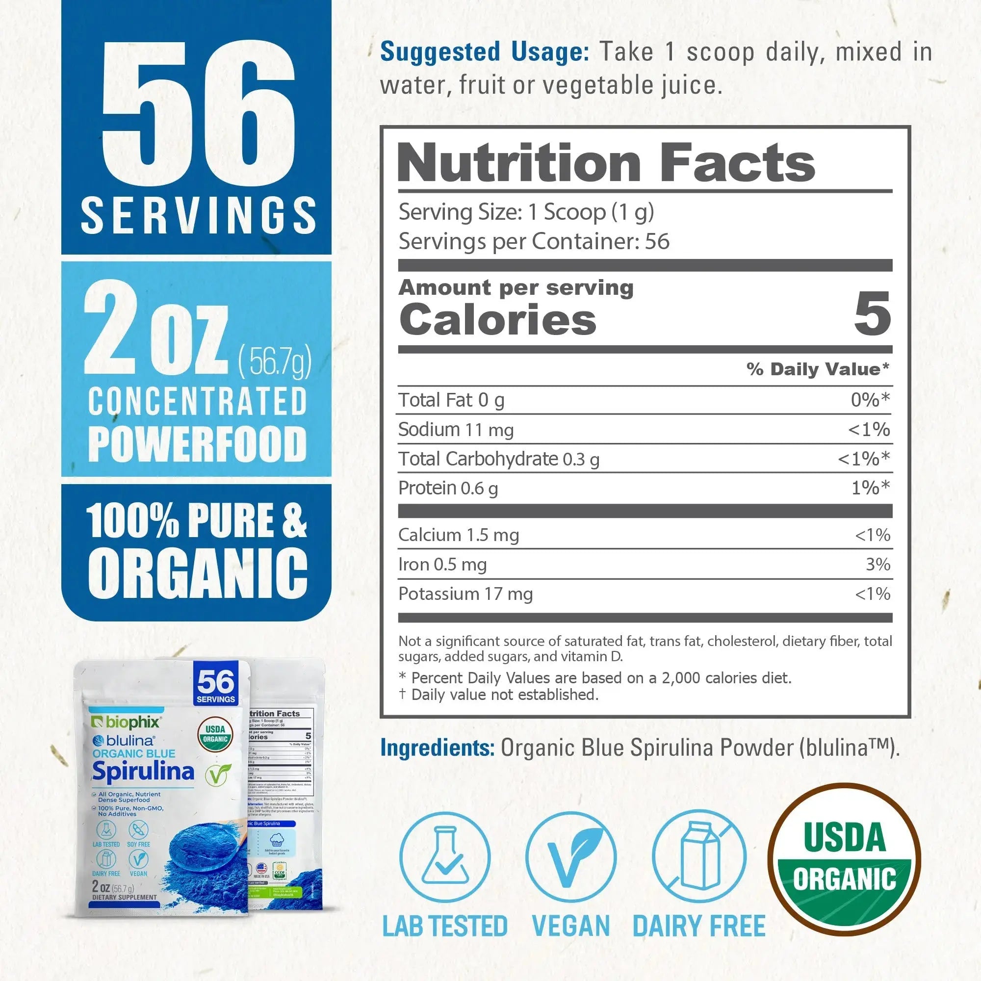 biophix Blulina Organic Blue Spirulina Powder 2 oz 7g - Detoxification Antioxidants Immune Support Superfood